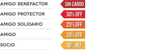 Socio 10 % / Amigo (credencial con la a) 20 % / Amigo Solidario (credencial con la s) 25 % / Amigo Protector (credencial con la p) 30 % / Amigo Benefactor (credencial con la b) Entrada sin cargo