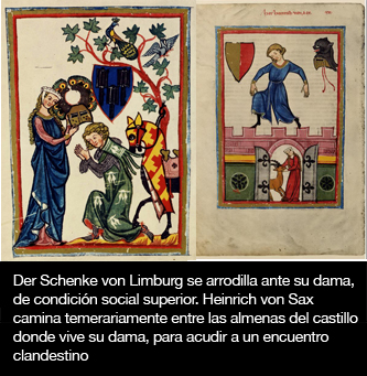 Der Schenke von Limburg se arrodilla ante su dama, de condición social superior. Heinrich von Sax camina temerariamente entre las almenas del castillo donde vive su dama, para acudir a un encuentro clandestino