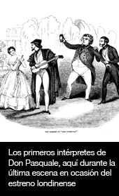 Los primeros intérpretes de Don Pasquale, aquí durante la última escena en ocasión del estreno londinense