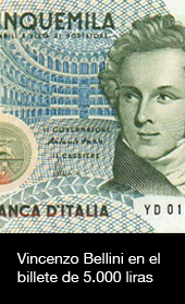Vincenzo Bellini en el billete de 5.000 liras